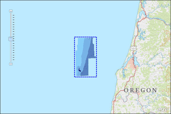 Map showing Oregon coastal area and an outline of the area where data was collected offshore.