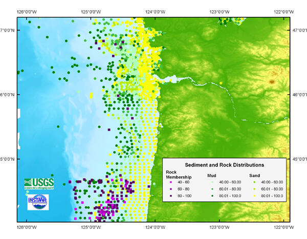 Map of a western coastal region showing land and waterways, with dots in the ocean showing varied data points.