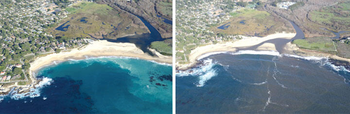 Two photos taken at different times from the same spot in from the sky show a river that flows into an ocean bay.