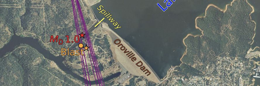aerial map showing lake, dam, and land around it with earthquakes plotted as circles