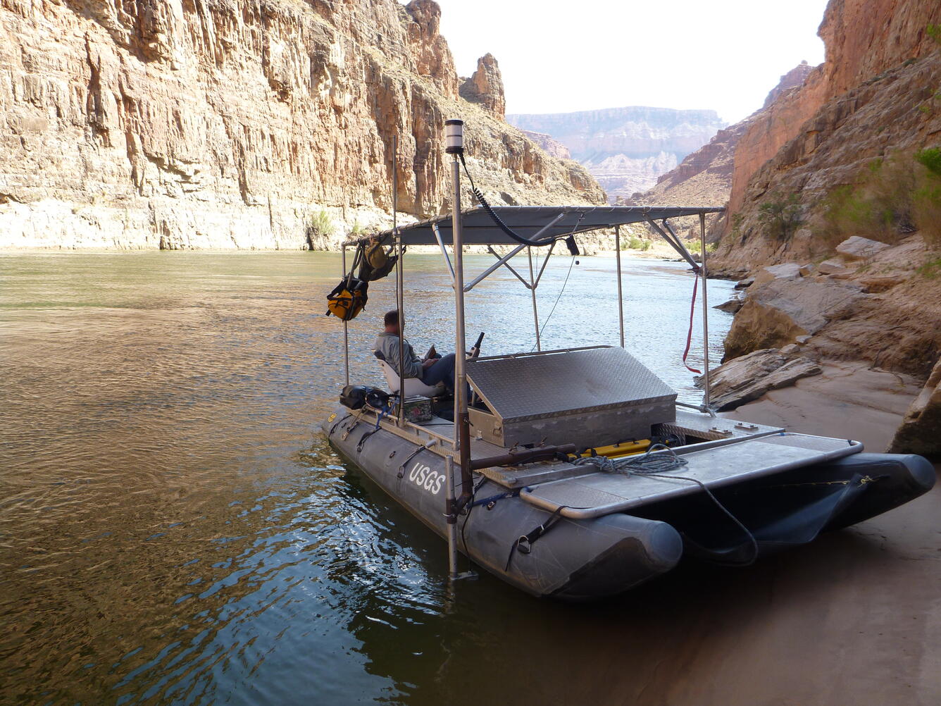 Boat equipped with singlebeam sonar for mapping the bed of rivers