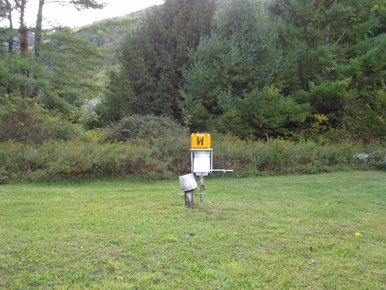 NADP Raingage in an open, grassy field; heavily wooded area behind
