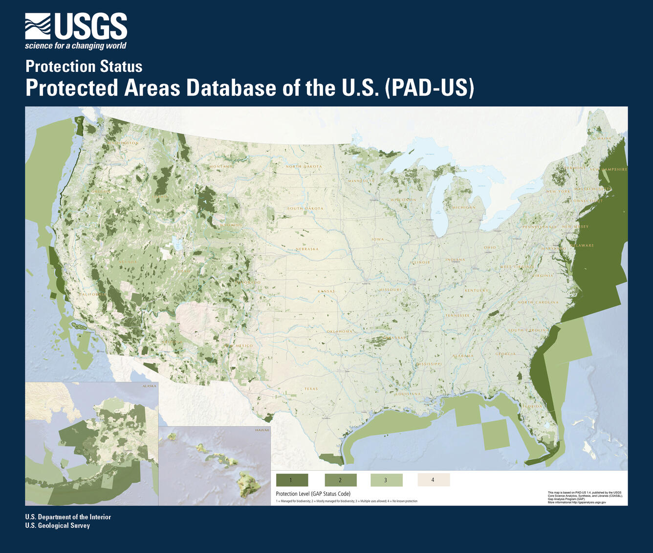 Protected areas illustrated by GAP Status Code from the PAD-US geodatabase