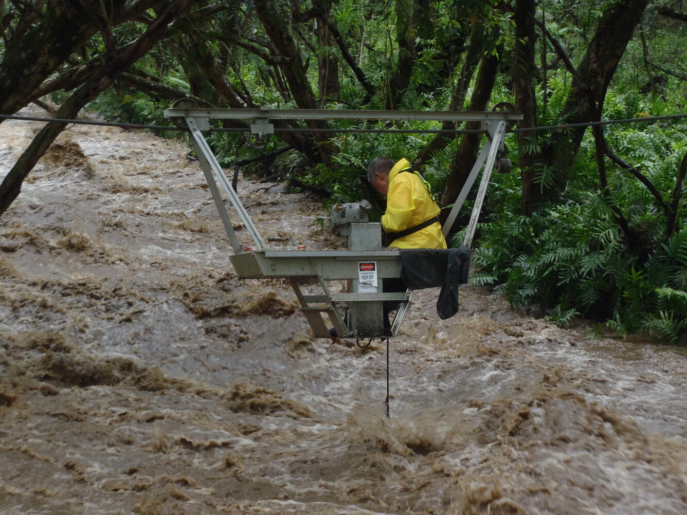 Measuring streamflow and collecting water sample from cableway.