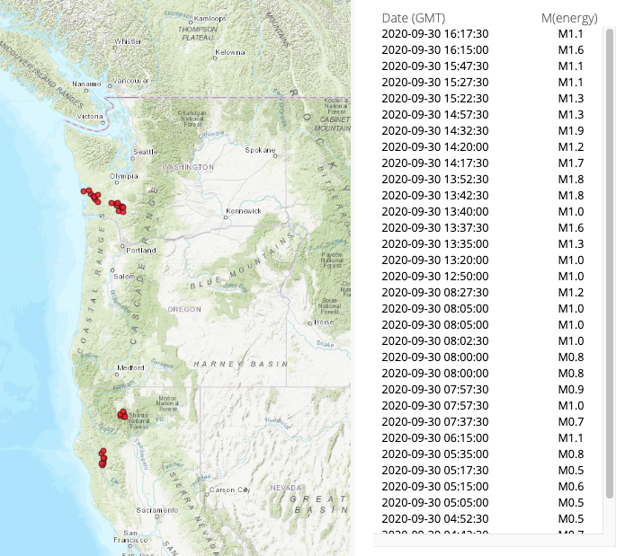 map of Washington and Oregon with earthquakes as small circles, and list on right site