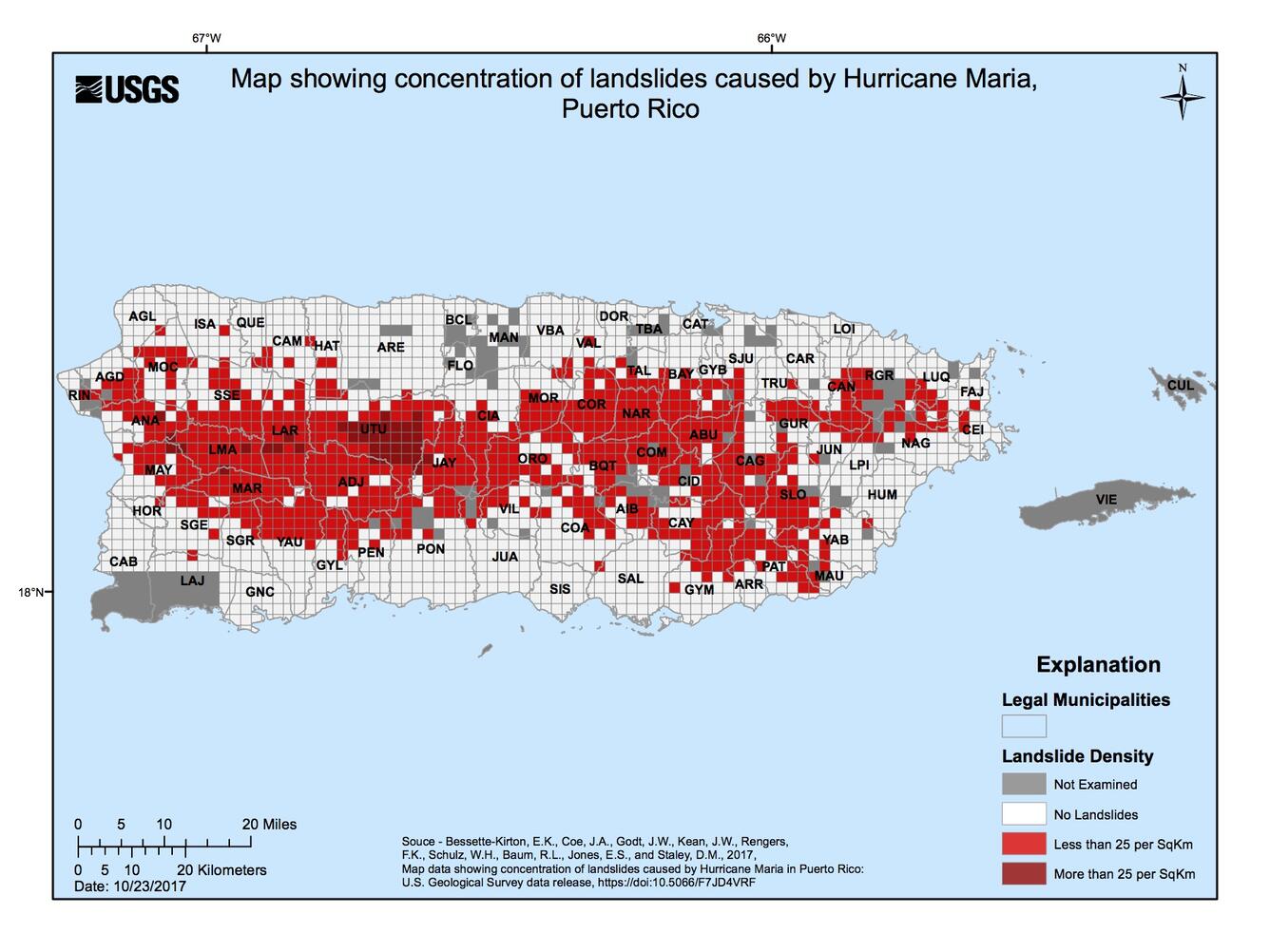 Map showing concentration of landslides caused by Hurricane Maria, Puerto Rico. 