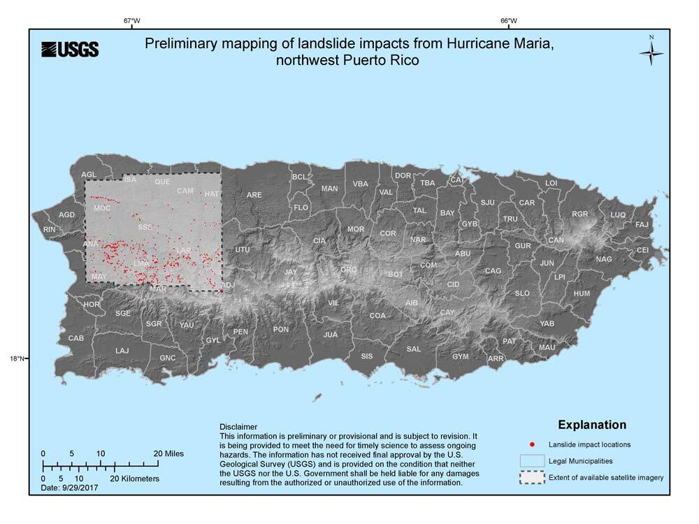 Preliminary mapping of landslide impacts from Hurricane Maria, northwest Puerto Rico.