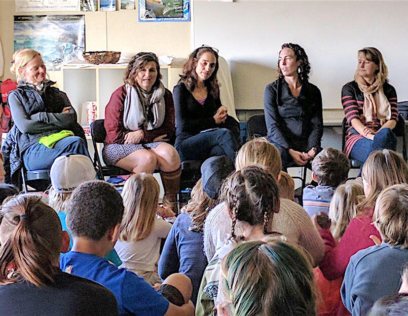 5 women in casual clothes sit near a wall talking to a group of children sitting on the floor, whose backs are to the camera