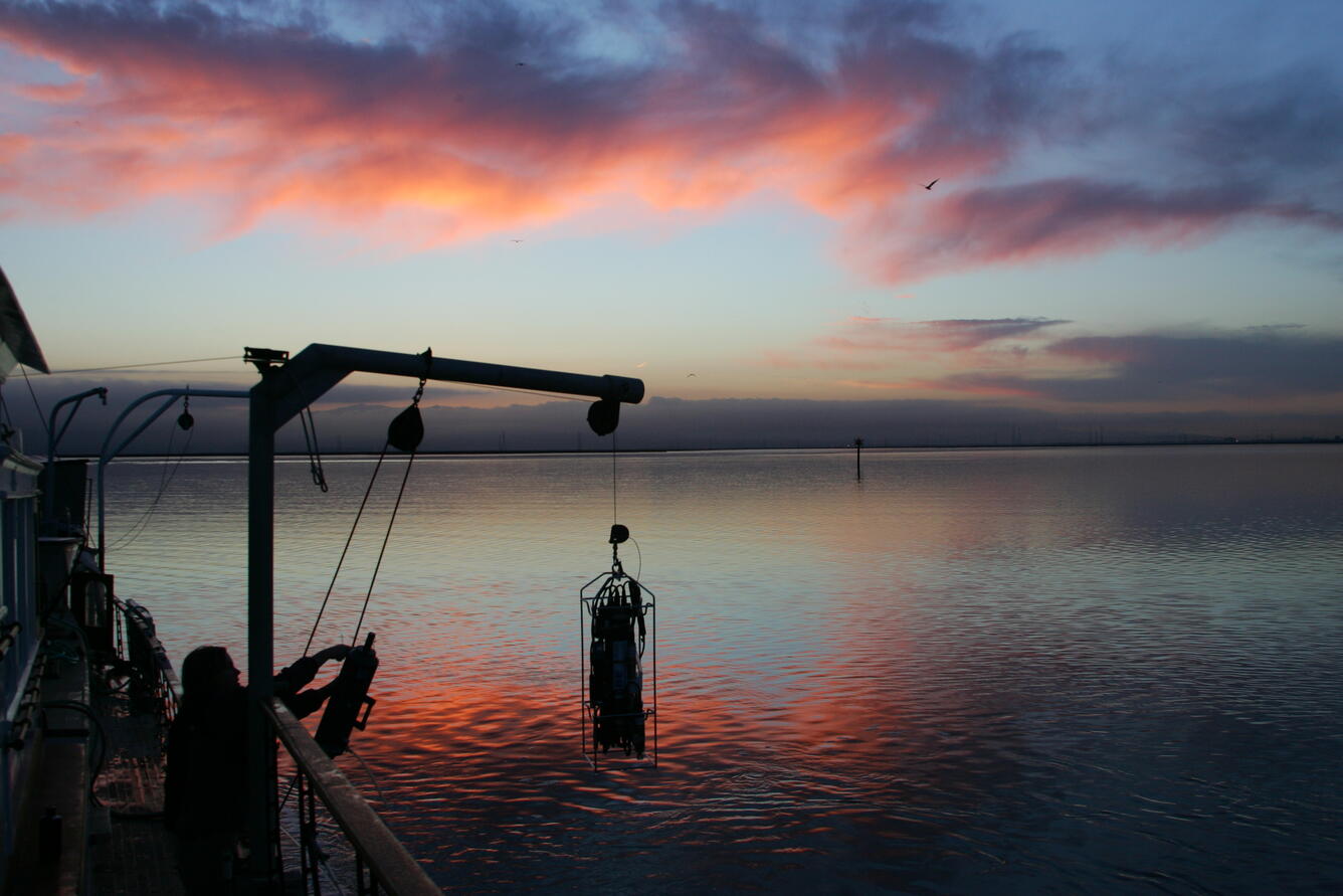 Water quality sampling from the R/V Polaris at sunset