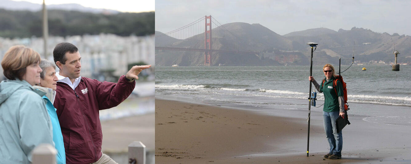 Collage of two photos, one of a man gesturing for two onlookers, and one of a woman standing on a beach with survey equipment.