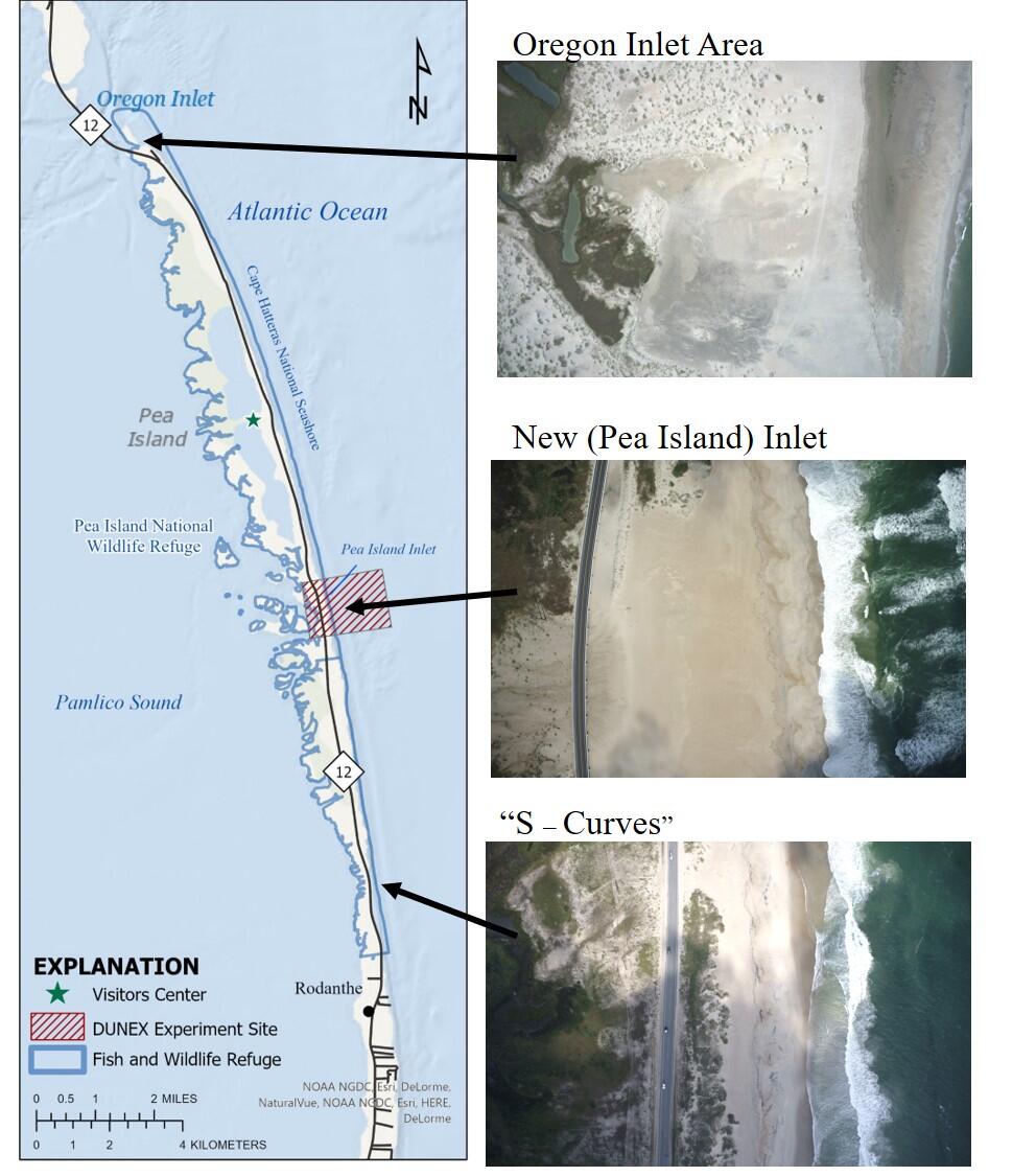 A map and aerial imagery of Pea Island's most vulnerable sections.