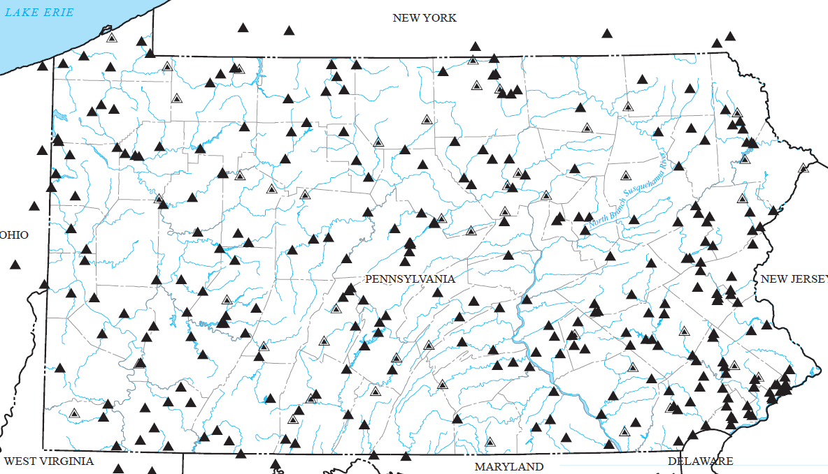 Map of selected streamflow gages in Pennsylvania