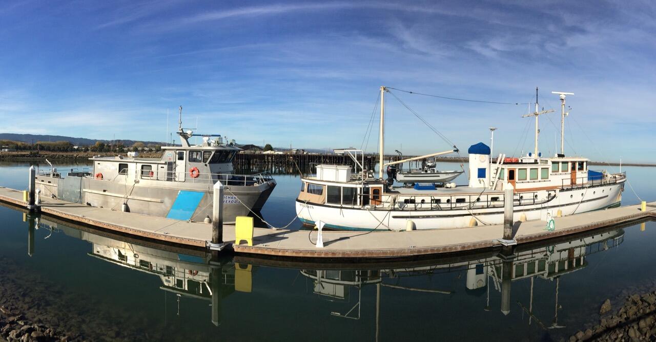 Research vessels Polaris and Peterson at a dock in San Francisco Bay.