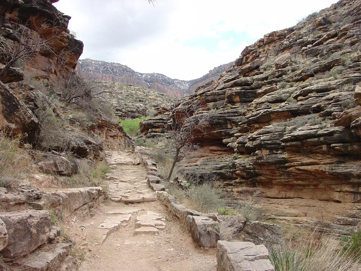 This is a photo of the Bright Angel Trail where it ascends through the Tapeats Sandstone along lower Garden Creek Canyon.