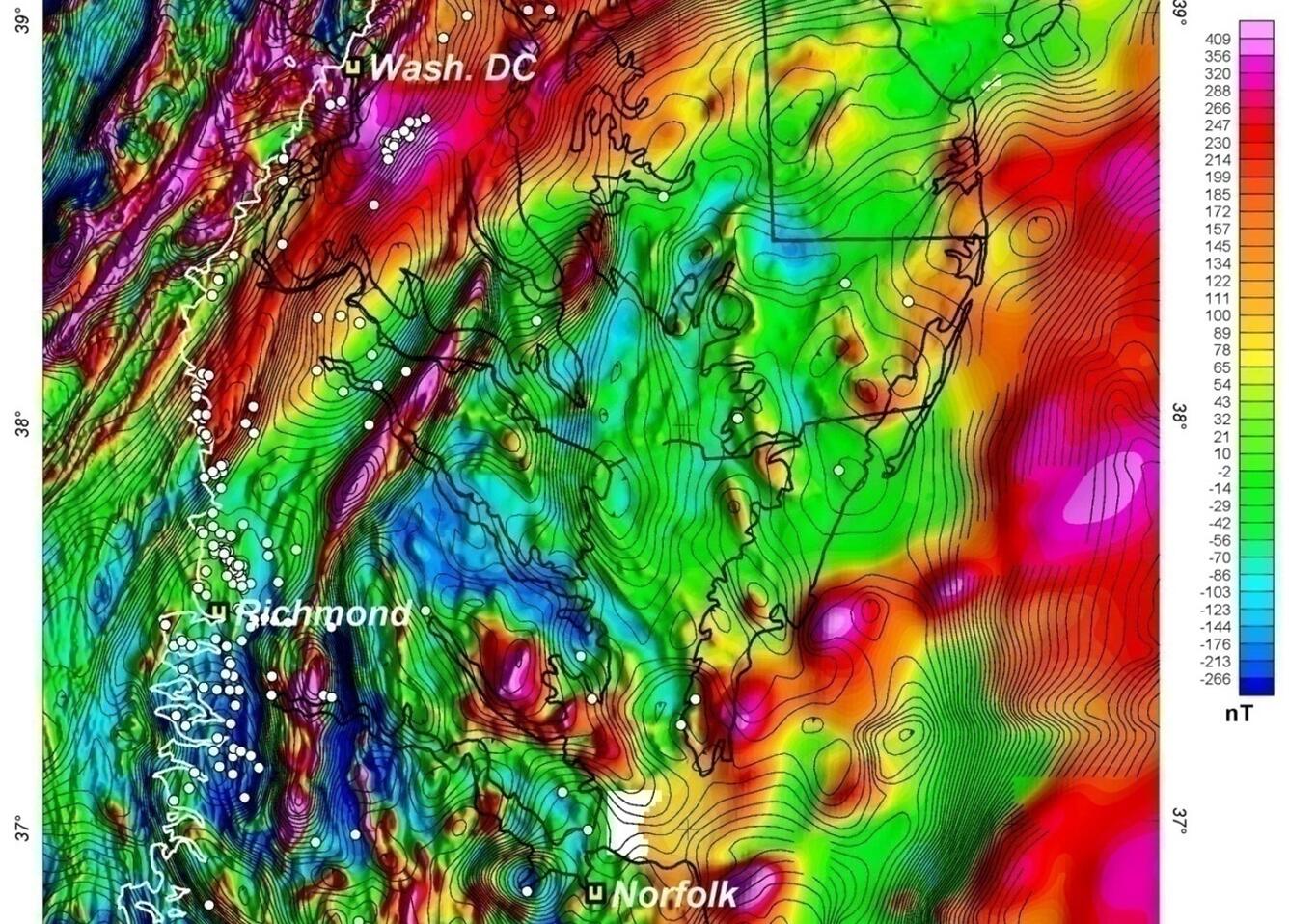 Aeromagnetic map (in color) with gravity contours, basement borehole locations, and Fall Line in the mid-Atlantic U.S.