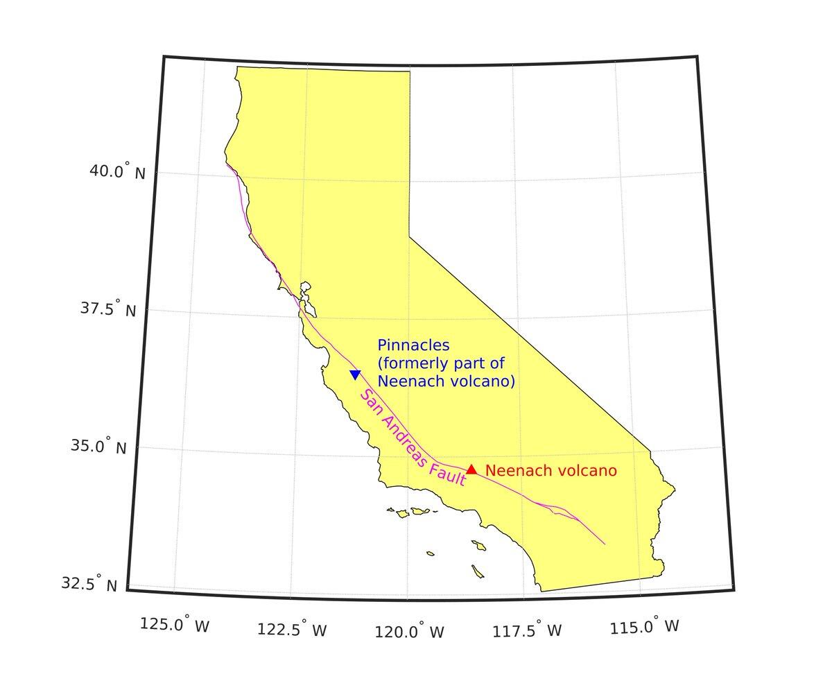 yellow map of California showing San Andreas Fault and offset of Pinnacles