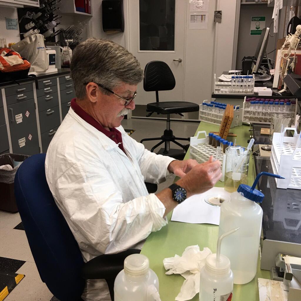 Thomas Sheehan swirling palynomorph samples in a watch glass before creating slides. 