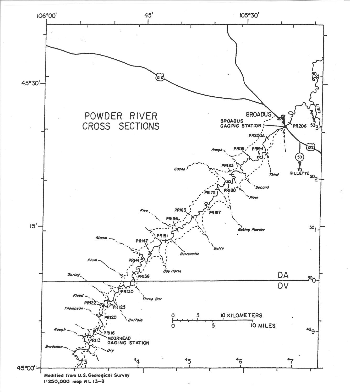 Map showing channel cross section locations for Powder River study area.