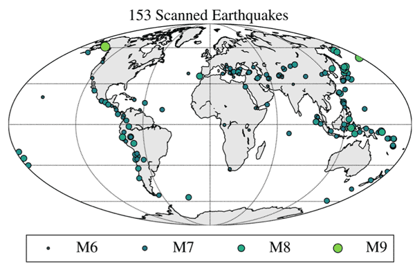 153 earthquakes for which selected film chips have been scanned