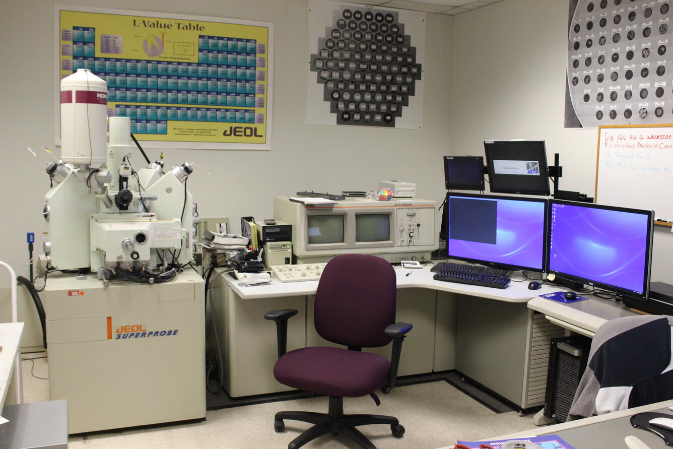JEOL Microprobe with computers to collect images and data.