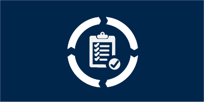 Blue box with a white clipboard in the center, surrounded by white circling areas, representing a project life cycle