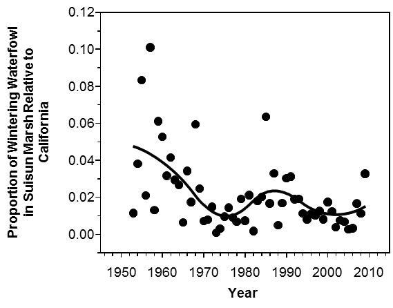 Proportion of dabbling ducks wintering in Suisun Marsh