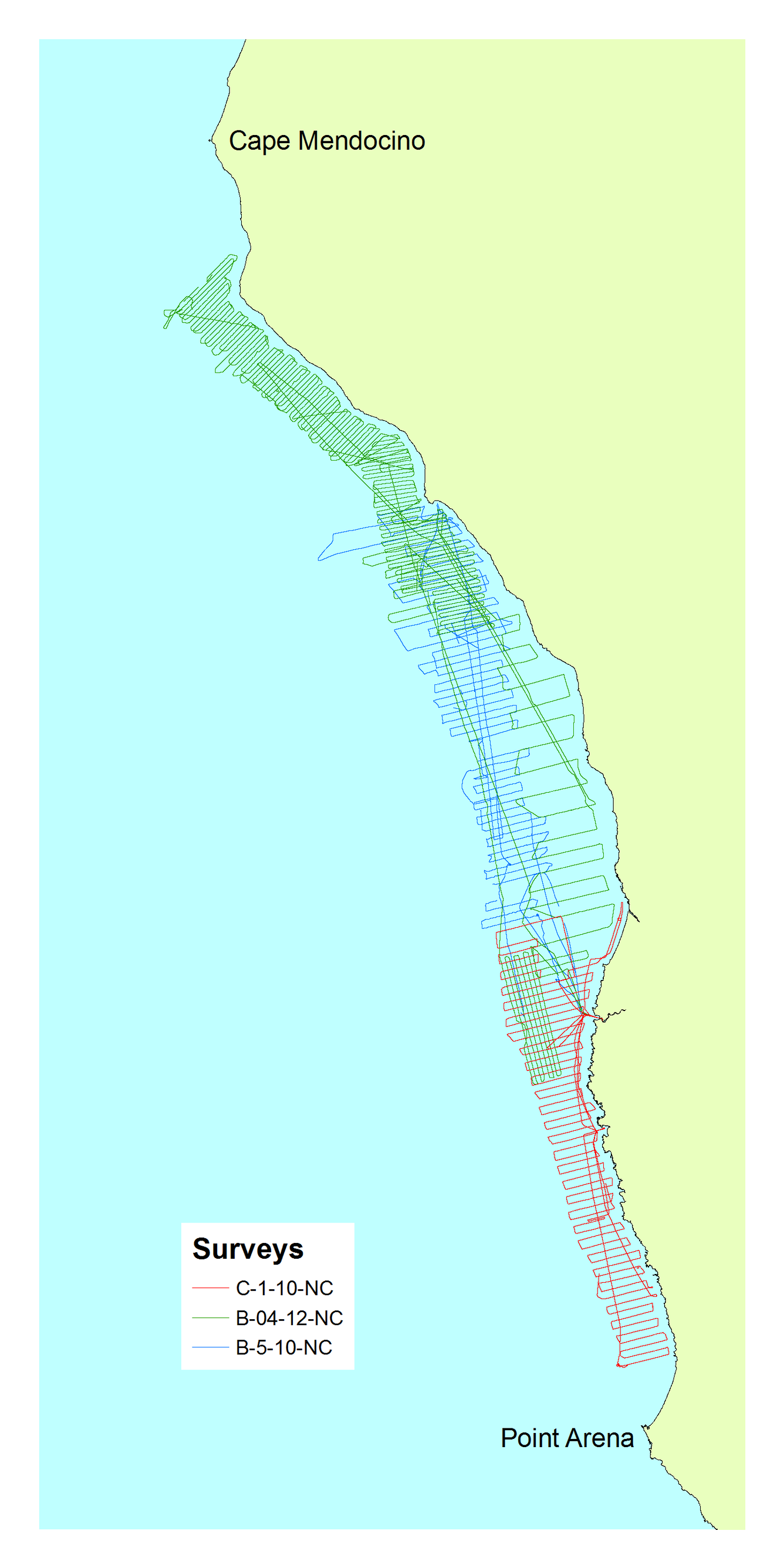 Map shows where data has been collected in the ocean along the coast of California.