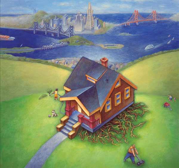 Cartoon sketch of house on grassy hill