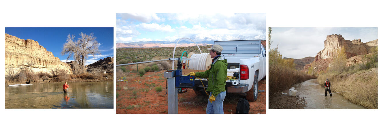 Three images showing USGS scientists collecting water quality samples; one from well and two from streams