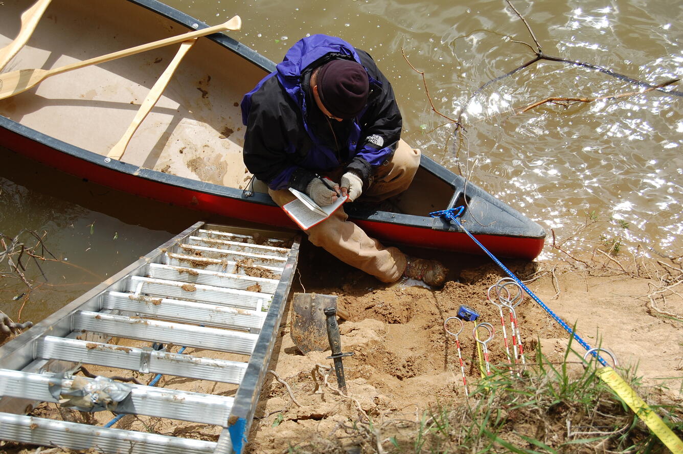 Photo of geologist Ron Counts, sampling early Holocene floodplain deposits of the Ohio River