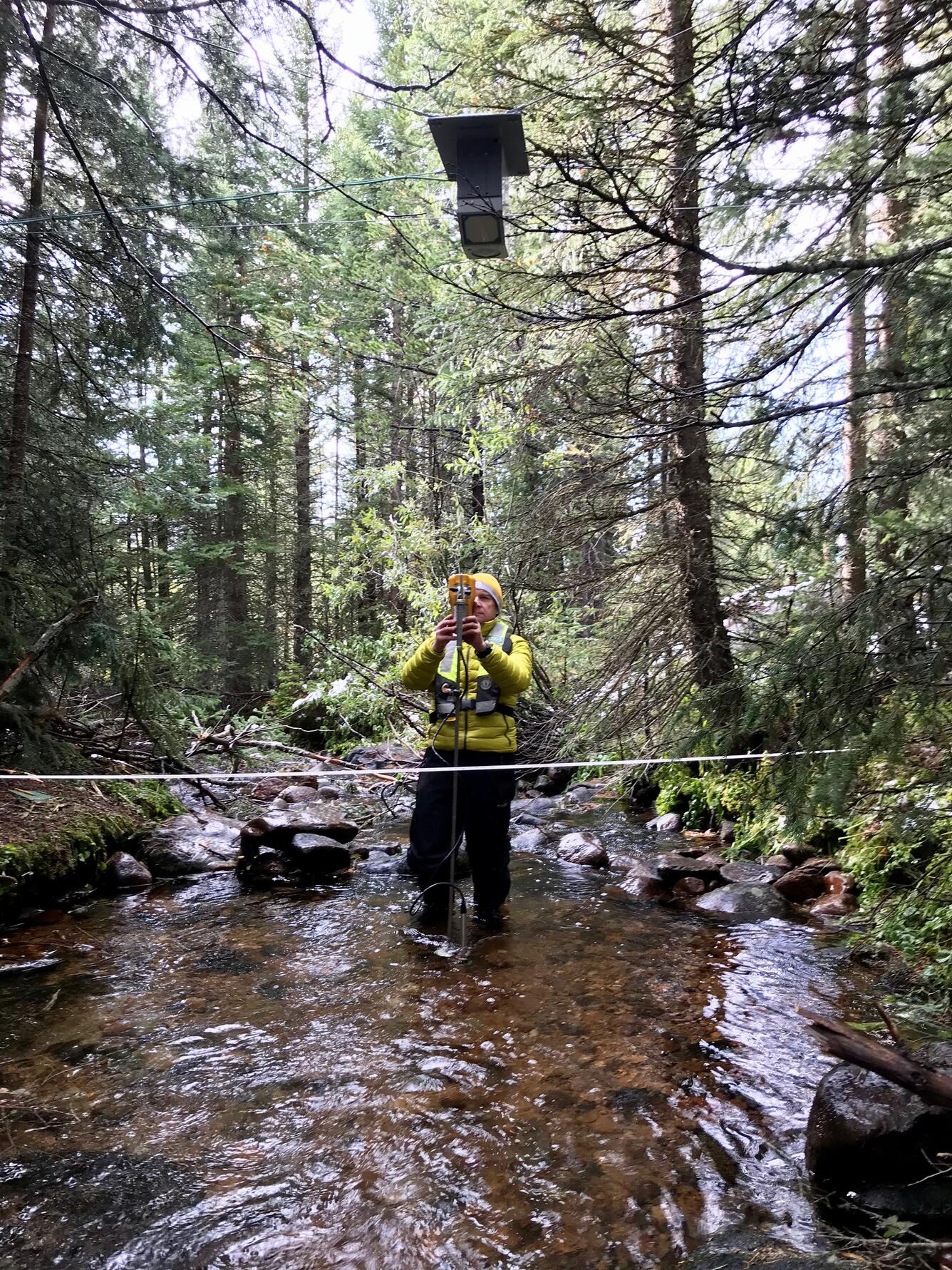 USGS scientist John Fulton measures streamflow on Middle Fork Ranch Creek, Colorado using instream, conventional methods.