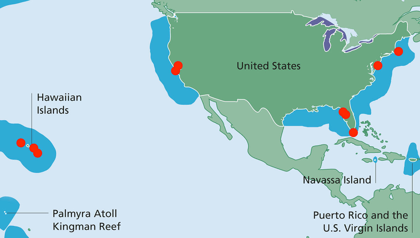 Map with green land, blue water, and red dots showing locations of recent fieldwork