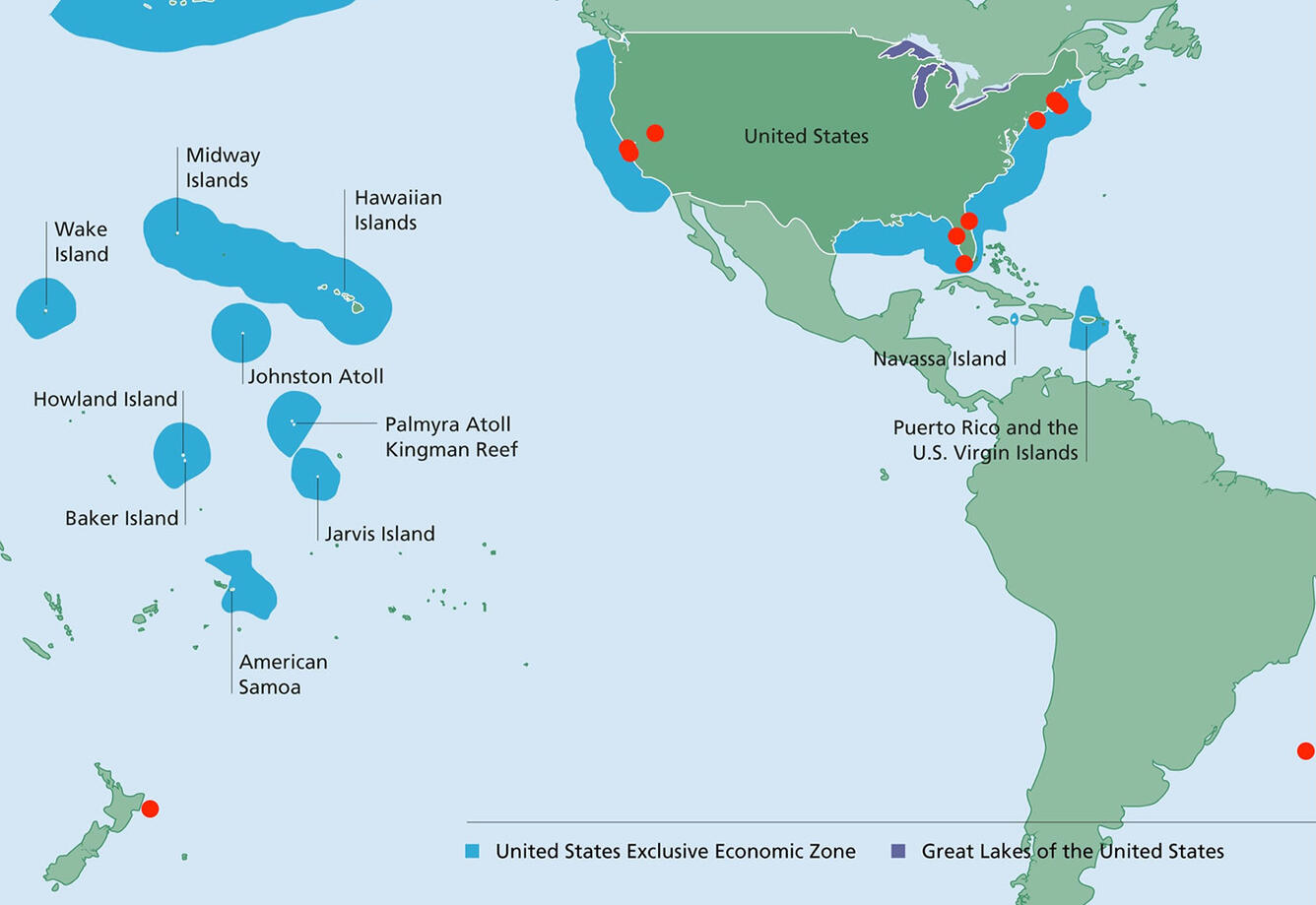 Map of Pacific, Atlantic, and continents with dots in coastal and ocean locations where recent field work has been conducted.