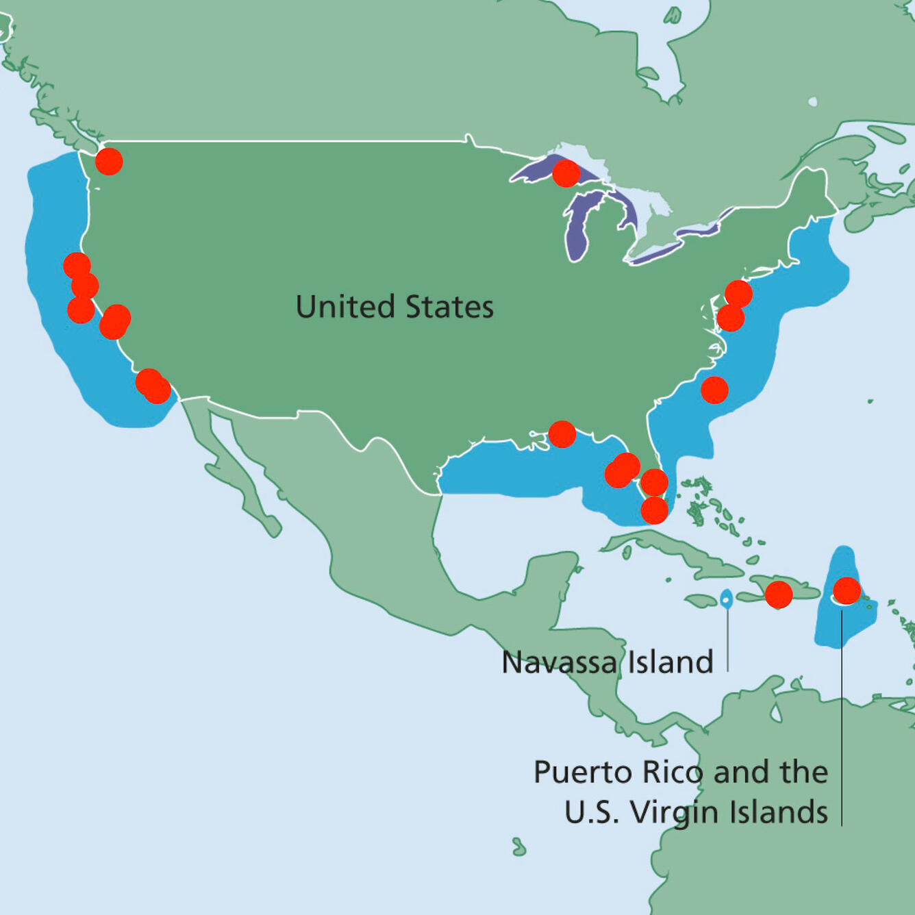 Map of United States with dots along the coast and in oceans to show where recent field work has been completed.