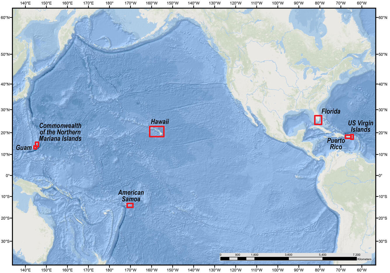 Map of the Pacific Ocean and surrounding continents with boxes drawn around areas to show study locations.
