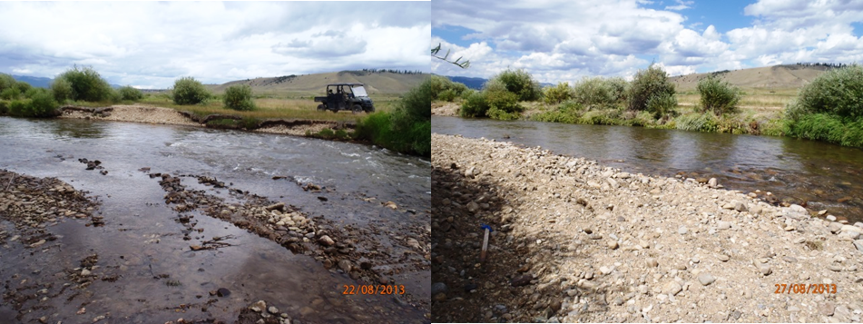 A picture of an area of the Arkansas River before and after restoration.
