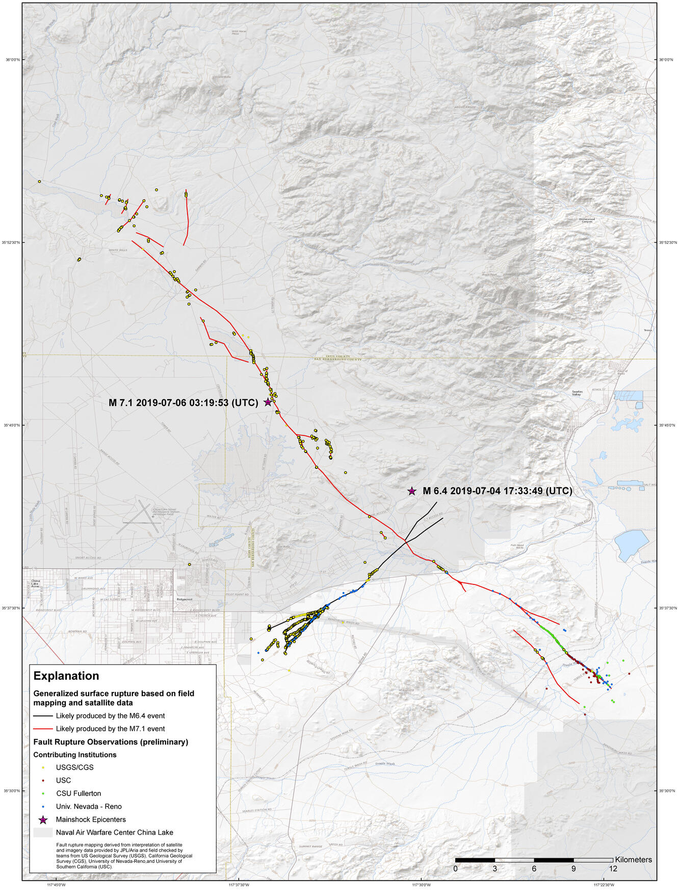 Map showing general surface ruptures July 4 M6.4 in black and blue; July 5 M7.1 are red. 