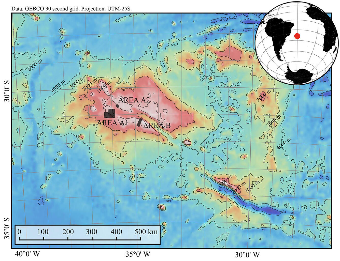 May of the ocean floor showing the depth which is labeled in meters, and an Earth globe shows a dot to locate the study area.