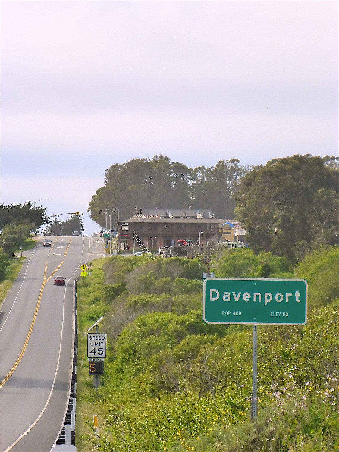 Photo of California Highway 1 with a green road sign reading 'Davenport'