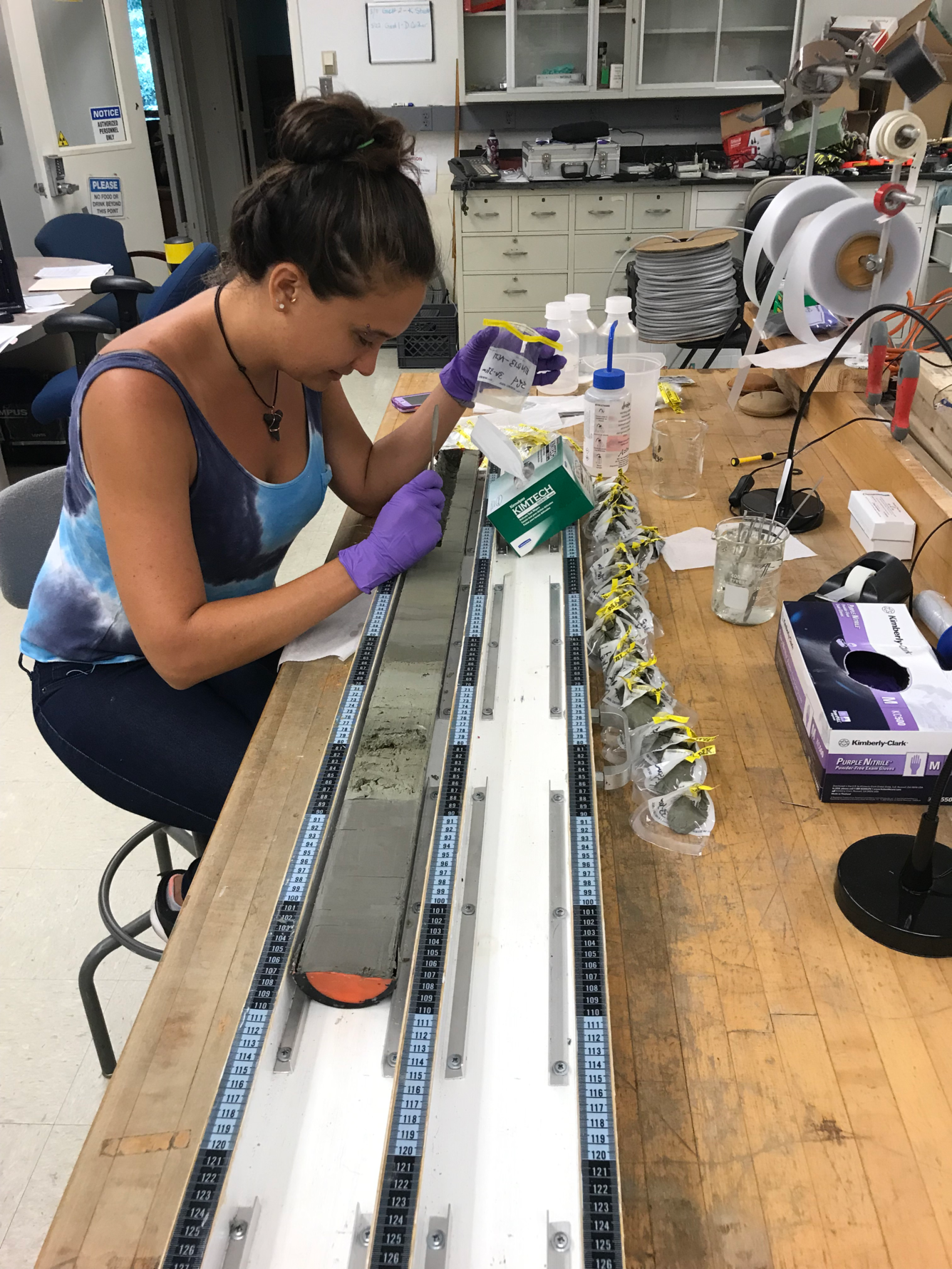Scientists samples a sediment core