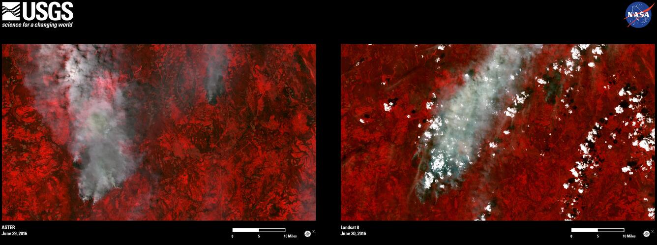 Image shows side-by-side satellite views of a Russian forest fire