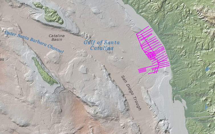 Map of the offshore area near San Diego showing ship tracklines along which data were collected.