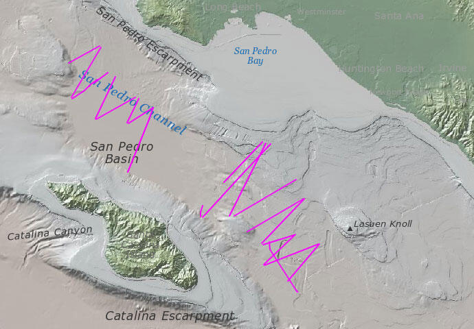 Map of the seafloor off the coast with lines drawn to show the ship's path.