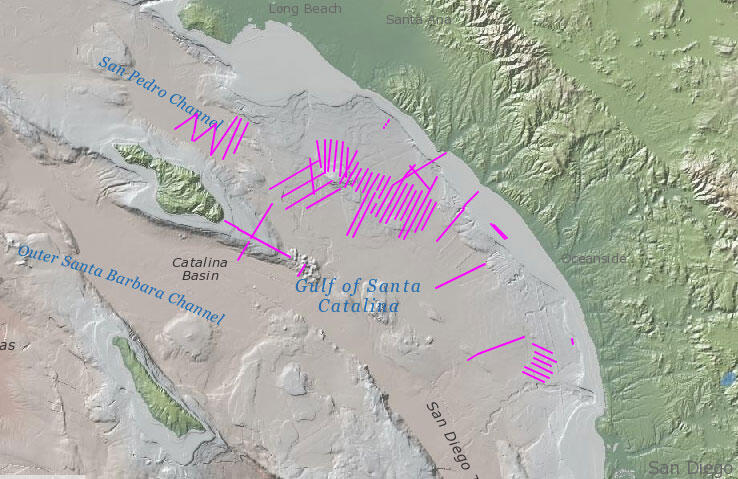 Map of the seafloor off the coast with lines drawn to show the ship's path.