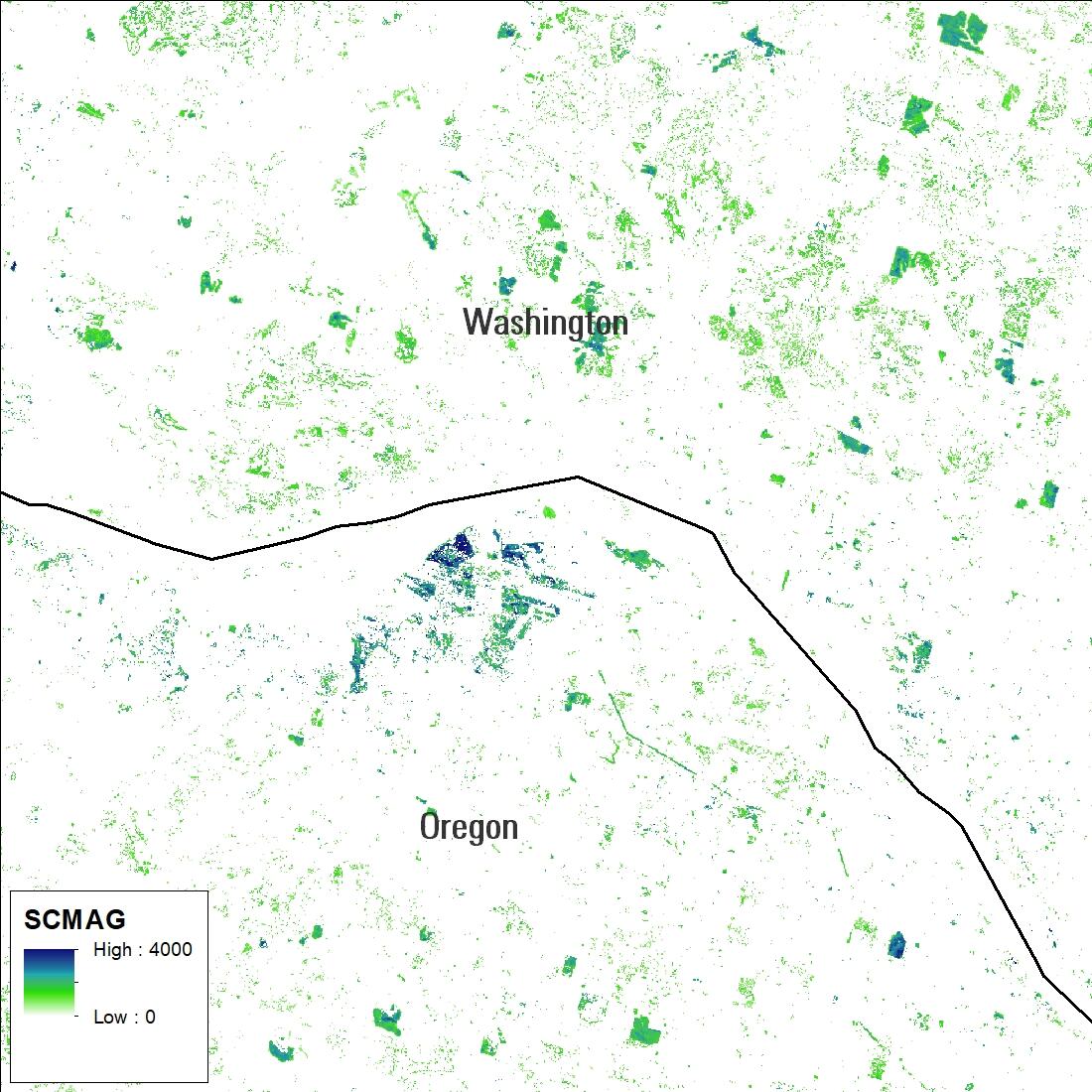 LCMAP Change Magnitude (SCMAG) product for an area over Portland, Oregon for product year 2005.