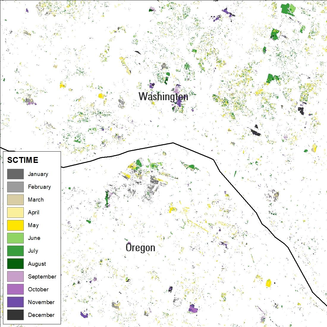 LCMAP Time of Spectral Change (SCTIME) product for an area over Portland, Oregon for product year 2005.