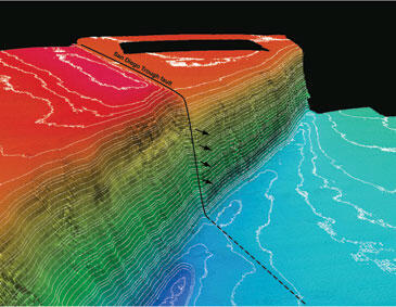 Computer-generated, high-resolution seafloor map created with water depth data, and view looks at an angle for 3D effect.