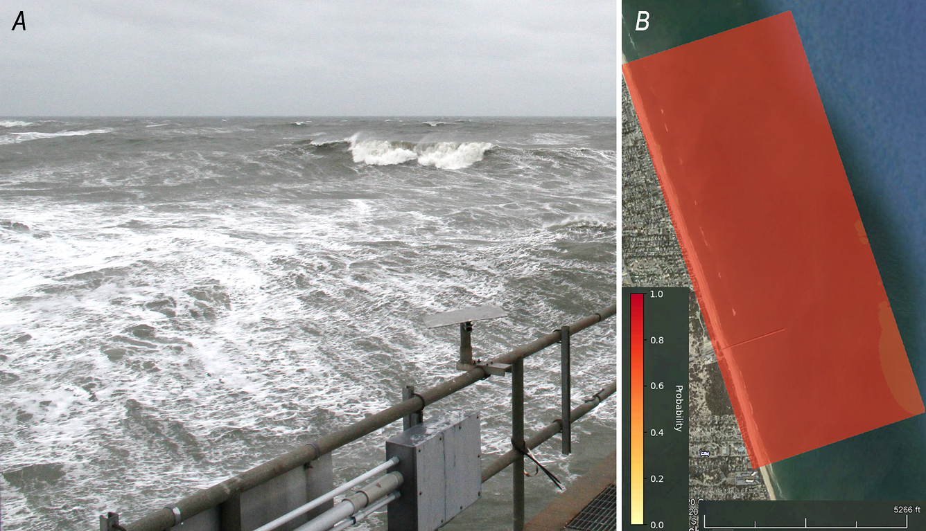 Left: a view of rough seas past a railing. Right: a computer visualization showing the area that might be buried as a red block