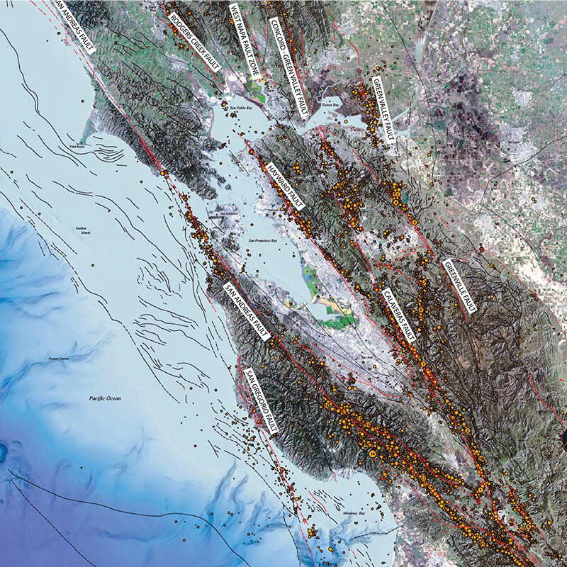 relief map of San Francisco area with tiny circles, faults, and fault labels