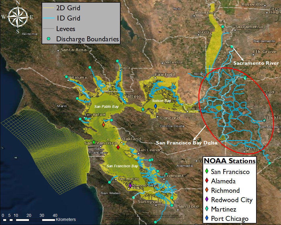A map of land, bay, and ocean showing city locations with symbols and the coverage areas of computer models.